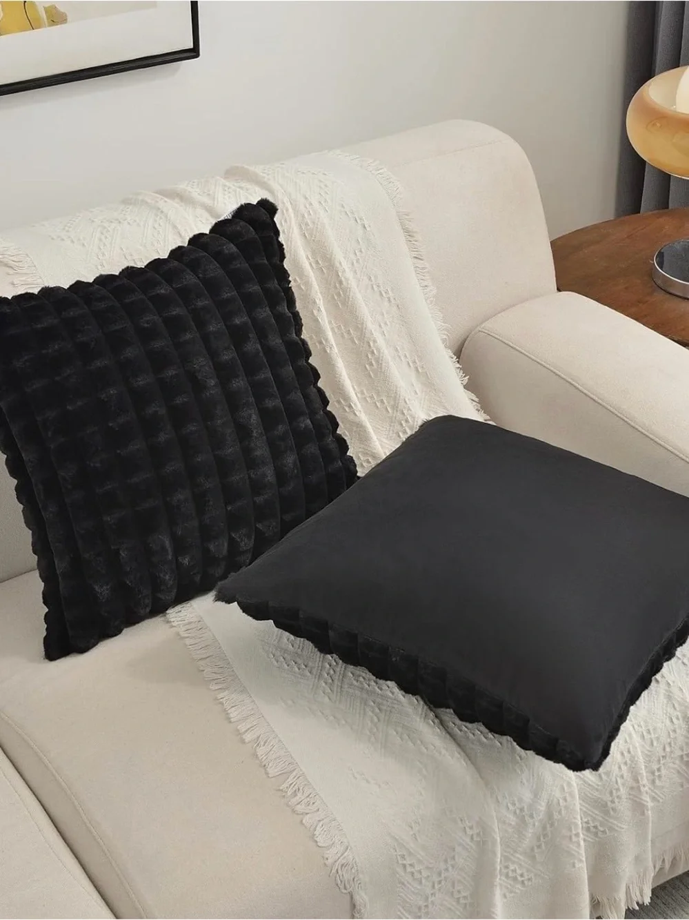 Black Plush Ribbed Throw Pillow Covers